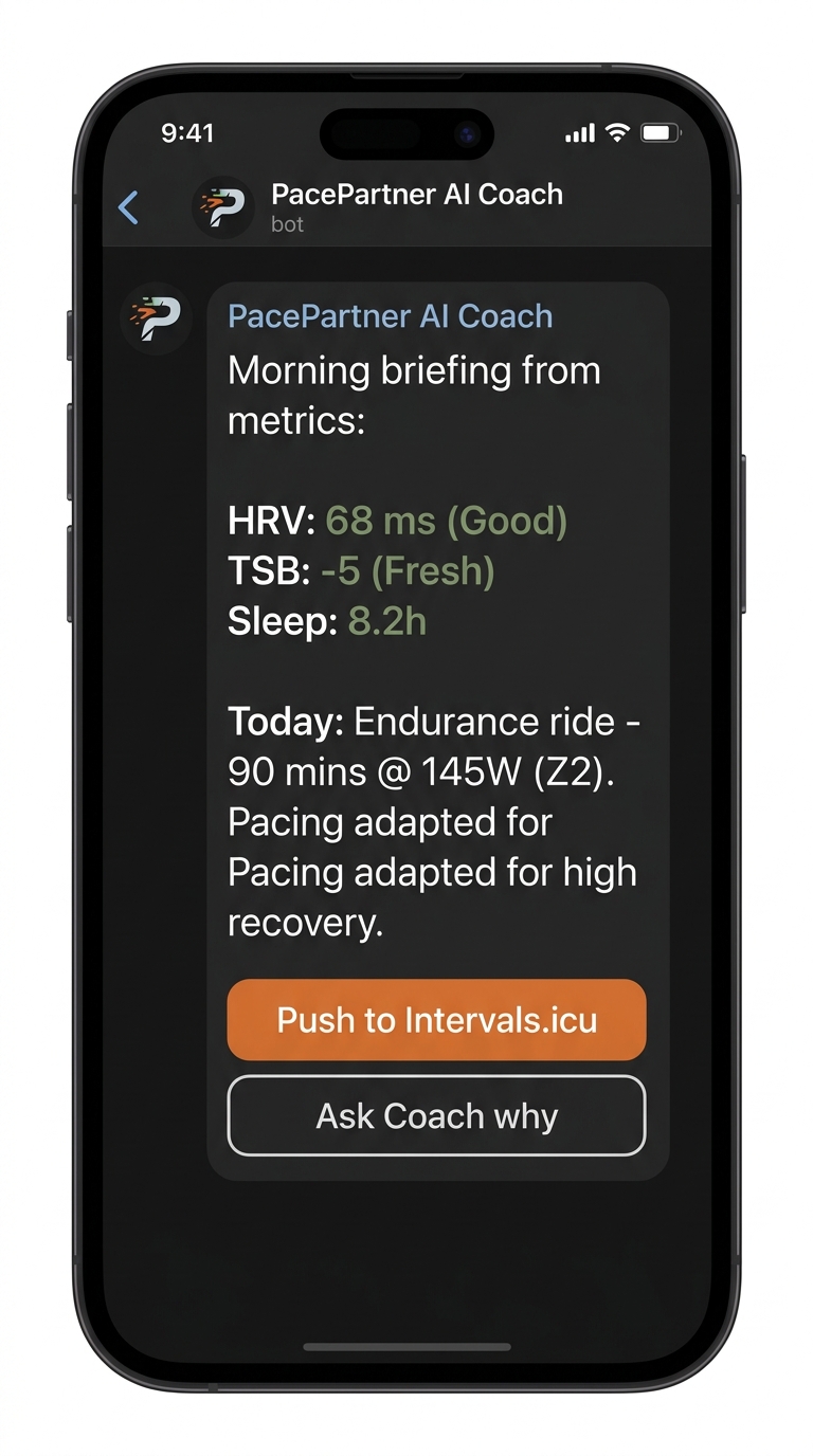 PacePartner daily coaching briefing on Telegram chatbot